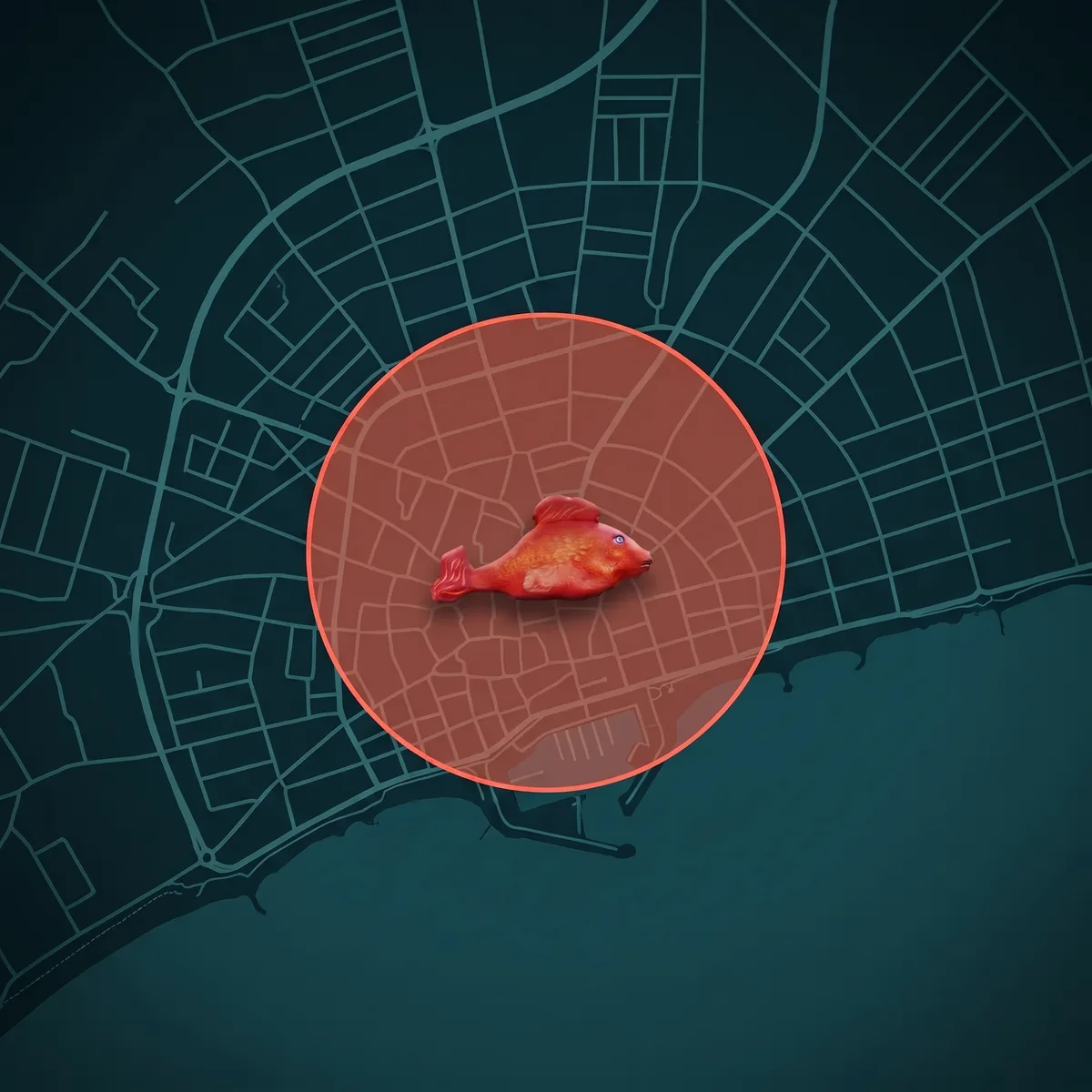 Mapa de Vilanova i la Geltrú amb una zona aproximada marcada i la carpa com a pin: l'adreça del club és secreta